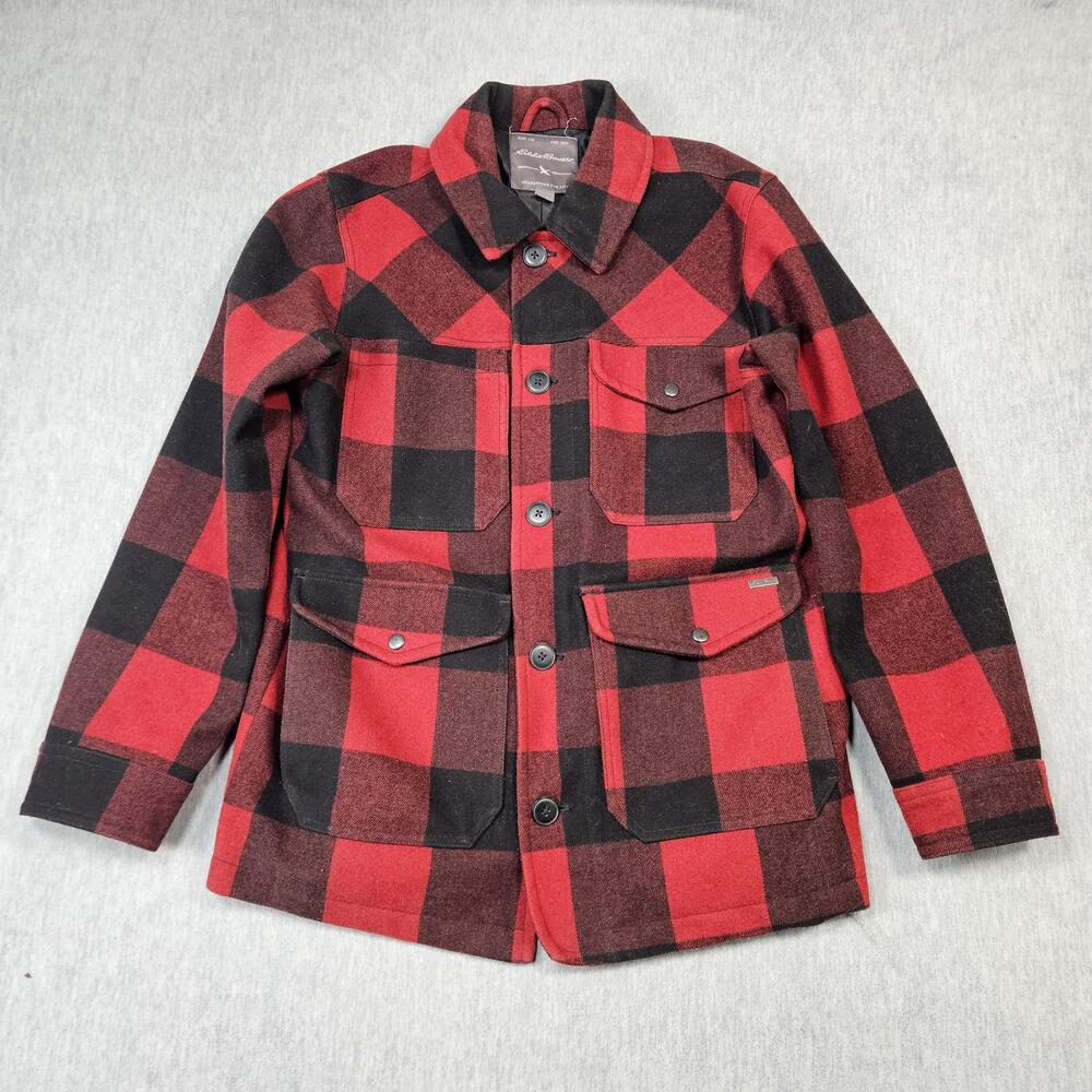 Eddie Bauer Jacket Mens Large Red Buffalo Plaid Wool Blend Lined Field Coat